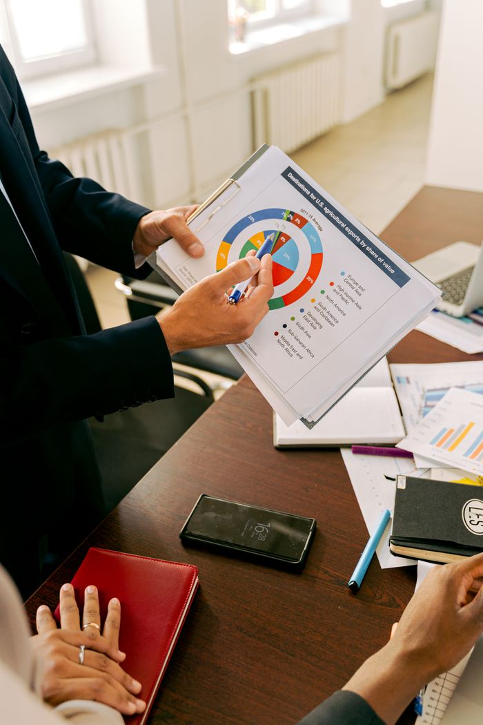 Services Business professionals discussing financial charts during a strategy meeting.
